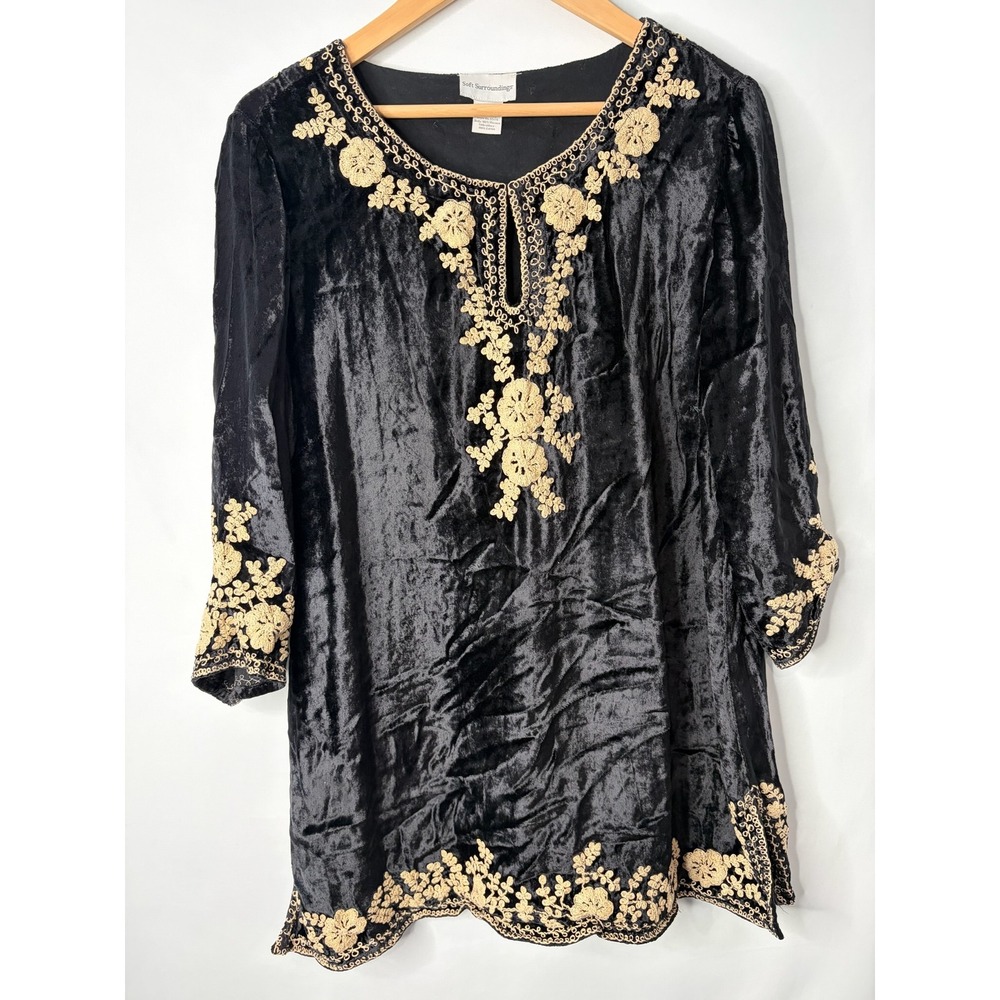 Soft Surroundings Black Velvet Floral Embroidered Tunic Top 1X Boho Whimsigoth